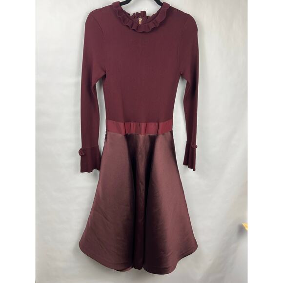 Ted Baker Zadi Dress Burgundy Fit & Flare Satin Skirt Frill Cuff Ruffle Neck - Picture 3 of 15